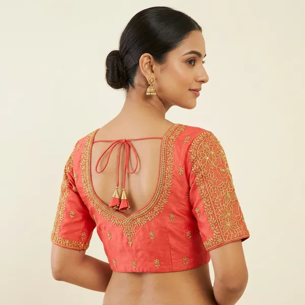 Red_Silk_Padded_Round_Neck_Blouse_For_Women