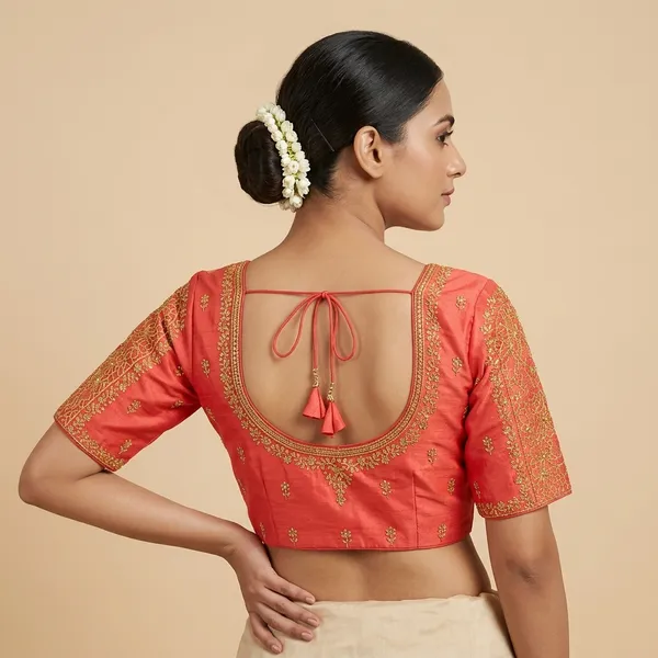 Red_Silk_Padded_Round_Neck_Blouse_For_Women