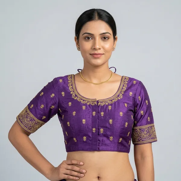 Purple_Silk_Short_Sleeve_Round_Neck_Embroidered_Blouse_For_Women
