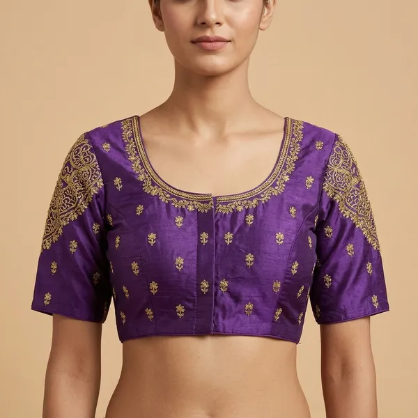 Purple_Silk_Short_Sleeve_Round_Neck_Embroidered_Blouse_For_Women