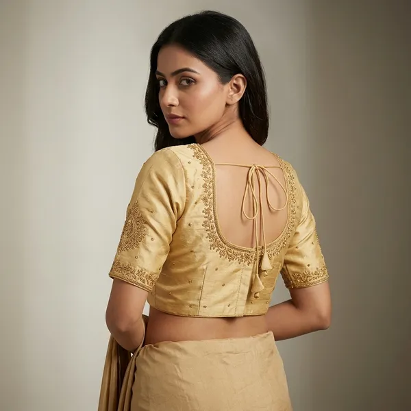 Gold_Silk_Padded_Round_Neck_Blouse_For_Women