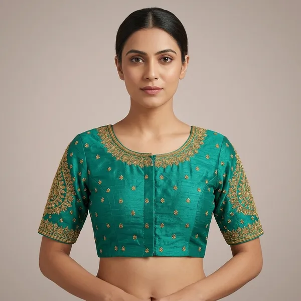 Green_Silk_Short_Sleeve_Front_Open_Round_Neck_Blouse_For_Women