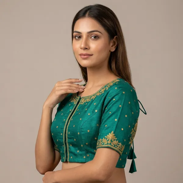 Green_Silk_Short_Sleeve_Front_Open_Round_Neck_Blouse_For_Women