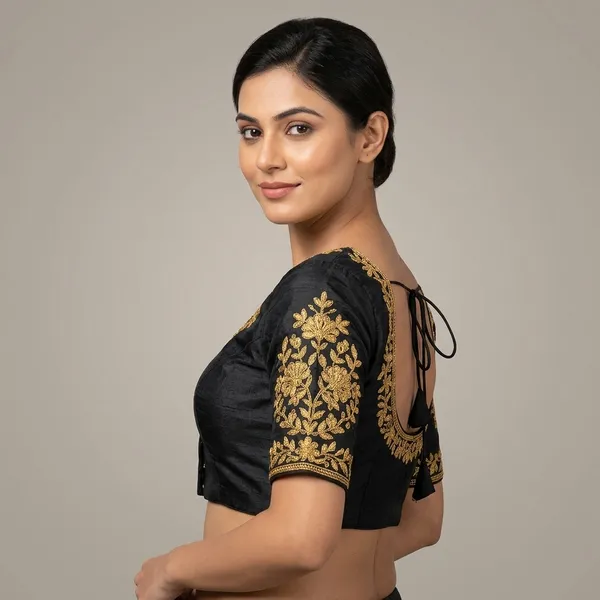 Black_Silk_Padded_Round_Neck_Blouse_For_Women