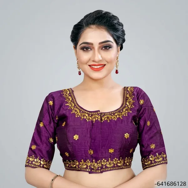 Wine_Silk_Padded_Round_Neck_Blouse_For_Women