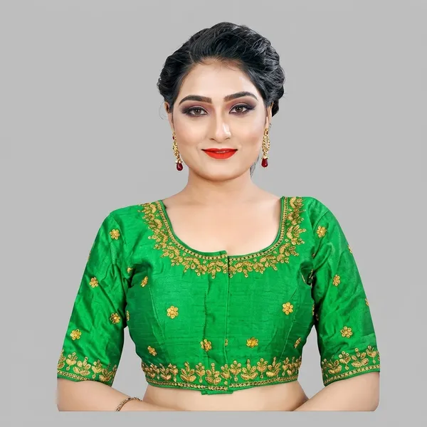 Green_Silk_Padded_Round_Neck_Blouse_For_Women