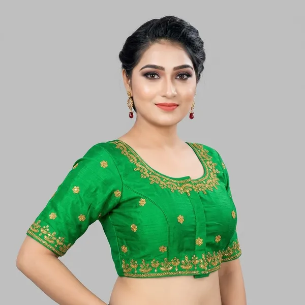 Green_Silk_Padded_Round_Neck_Blouse_For_Women