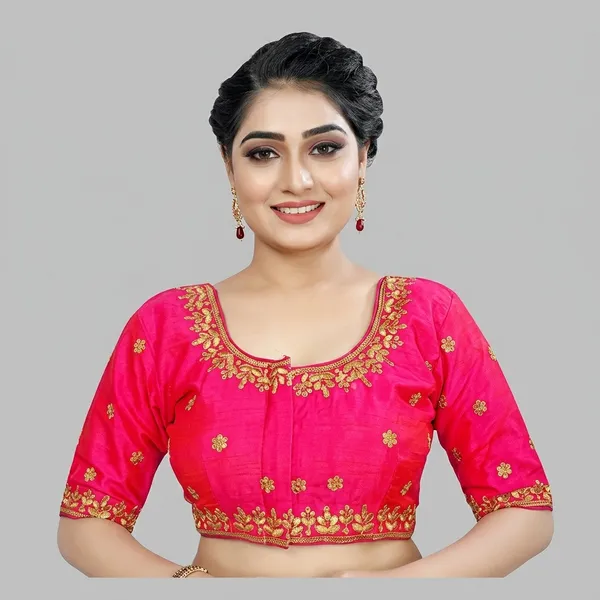 Pink_Silk_Padded_Round_Neck_Blouse_For_Women
