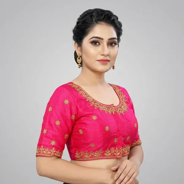 Pink_Silk_Padded_Round_Neck_Blouse_For_Women