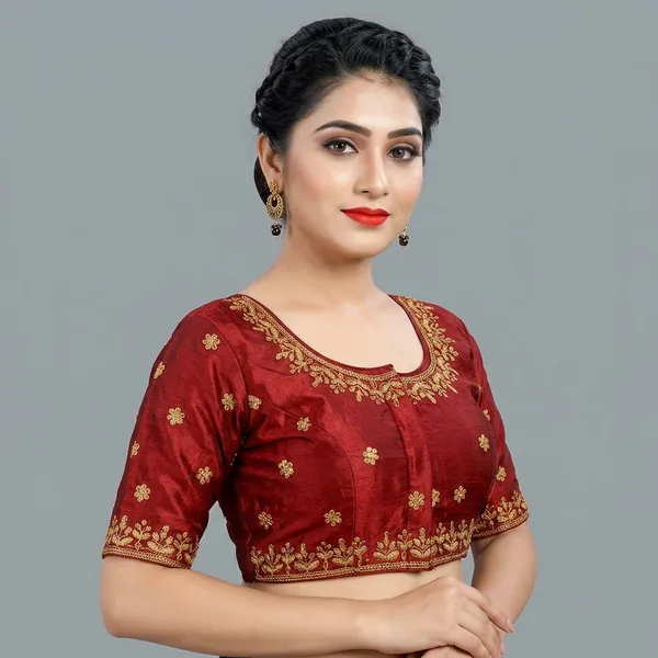 Maroon_Silk_Embroidered_Round_Neck_Blouse_For_Women