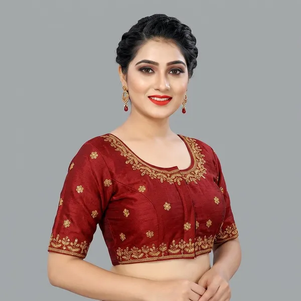 Maroon_Silk_Embroidered_Round_Neck_Blouse_For_Women