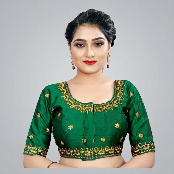 Green_Silk_Embroidered_Round_Neck_Blouse_For_Women