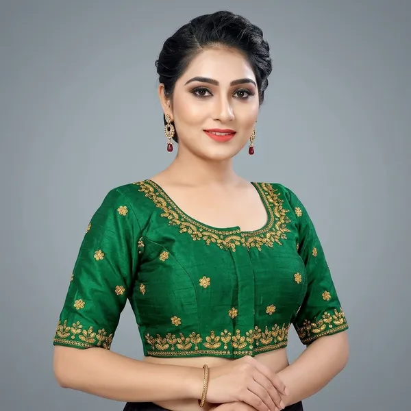 Green_Silk_Embroidered_Round_Neck_Blouse_For_Women