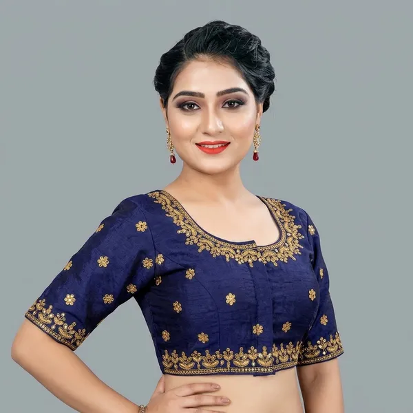 Navy_Blue_Silk_Embroidered_Round_Neck_Padded_Blouse_For_Women