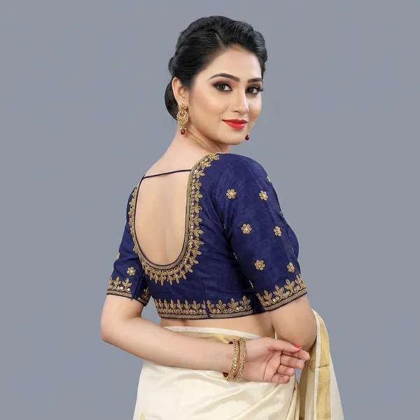 Navy_Blue_Silk_Embroidered_Round_Neck_Padded_Blouse_For_Women