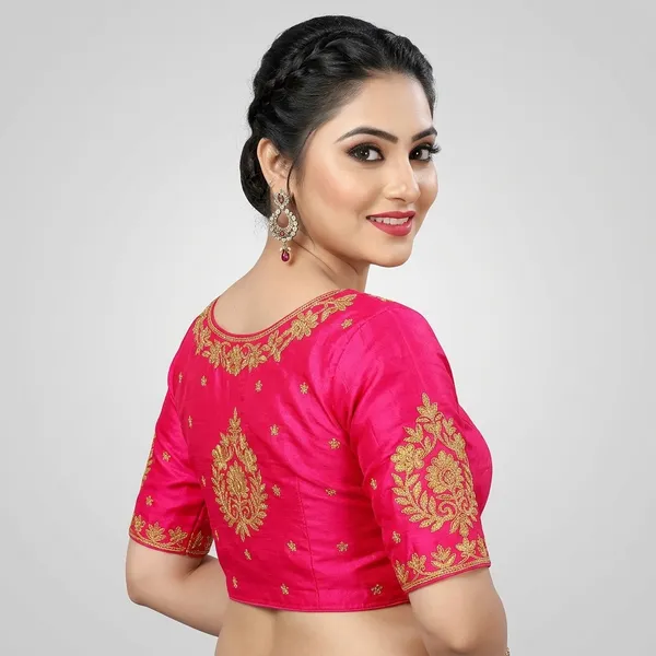 Pink_Silk_Padded_Round_Neck_Embroidered_Blouse_For_Women