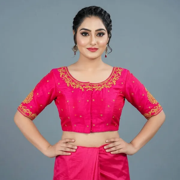 Pink_Silk_Padded_Round_Neck_Embroidered_Blouse_For_Women