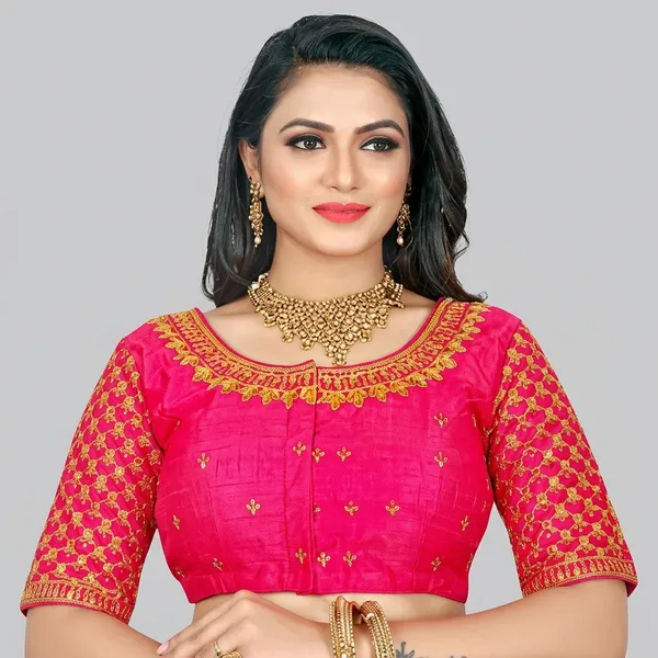 Pink_Silk_Embroidered_Round_Neck_Blouse_For_Women