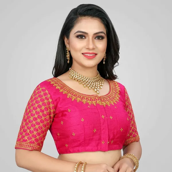 Pink_Silk_Embroidered_Round_Neck_Blouse_For_Women