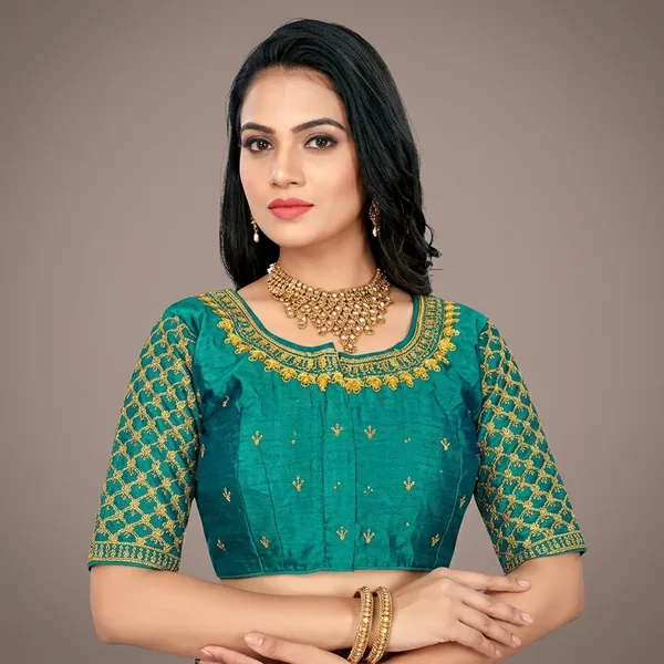 Green_Silk_Padded_Round_Neck_Blouse_For_Women