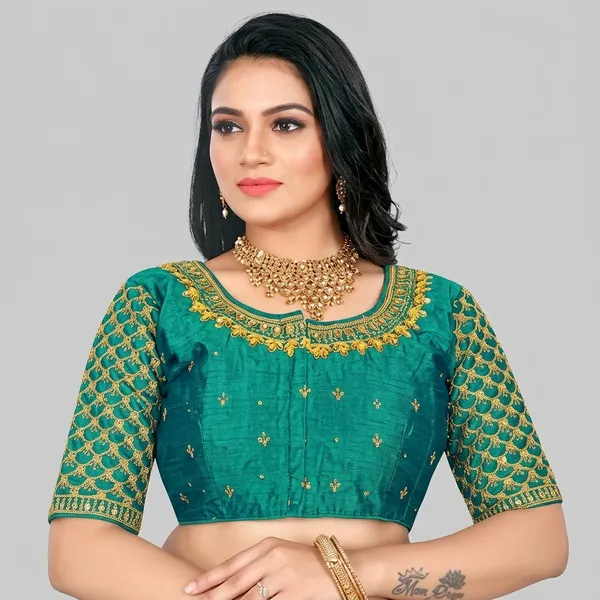 Green_Silk_Padded_Round_Neck_Blouse_For_Women