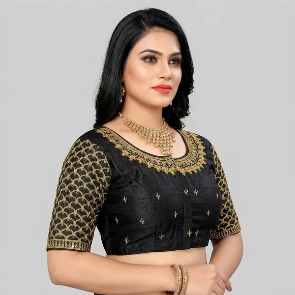 Black_Silk_Padded_Hook_Closure_Round_Neck_Blouse_For_Women