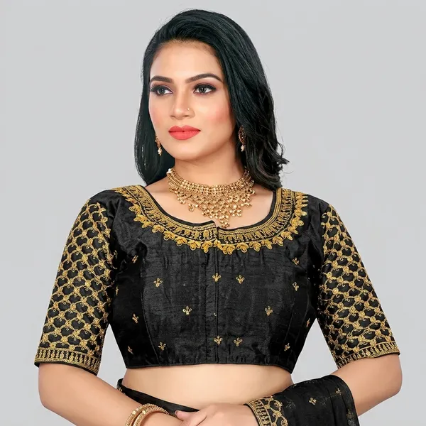 Black_Silk_Padded_Hook_Closure_Round_Neck_Blouse_For_Women