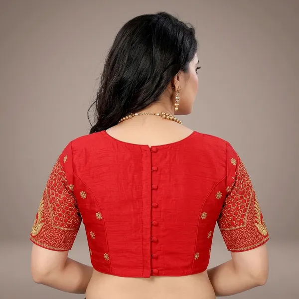 Red_Silk_Padded_Round_Neck_Blouse_For_Women