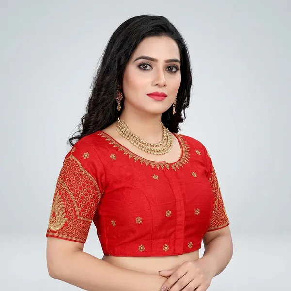 Red_Silk_Padded_Round_Neck_Blouse_For_Women