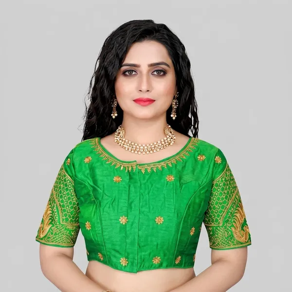 Mint_Green_Silk_Padded_Front_Open_Round_Neck_Blouse_For_Women
