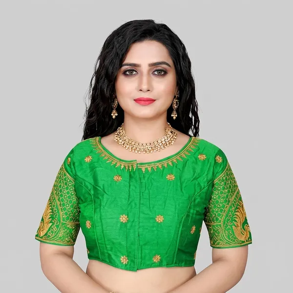 Mint_Green_Silk_Padded_Front_Open_Round_Neck_Blouse_For_Women