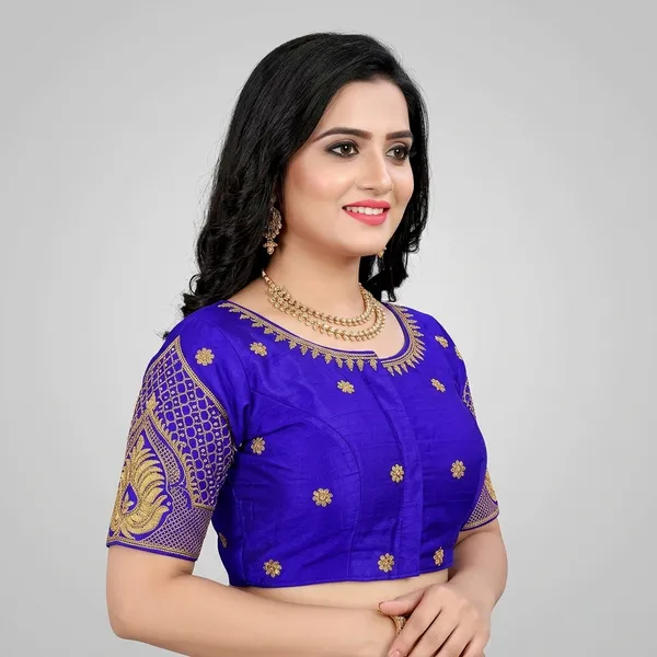Blue_Silk_Padded_Front_Open_Embroidered_Blouse_For_Women