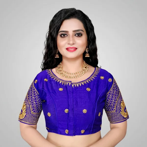 Blue_Silk_Padded_Front_Open_Embroidered_Blouse_For_Women