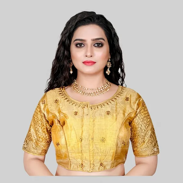 Gold_Silk_Padded_Front_Open_Round_Neck_Blouse_For_Women