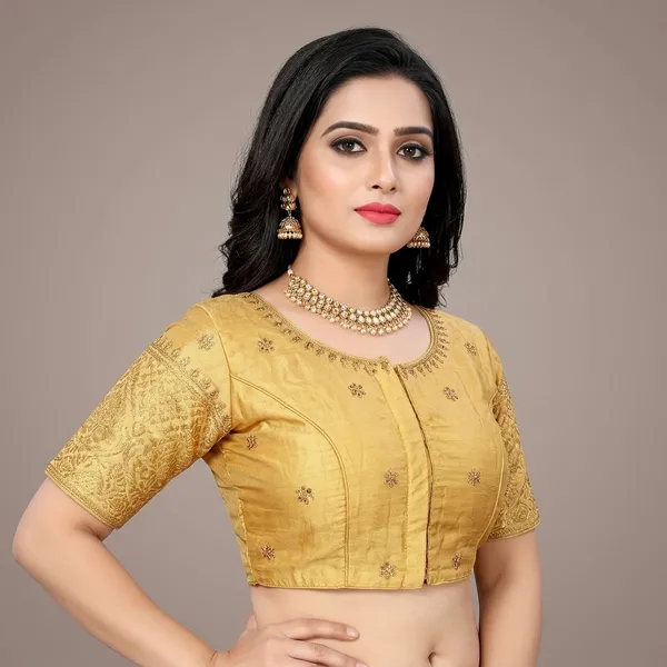 Gold_Silk_Padded_Front_Open_Round_Neck_Blouse_For_Women