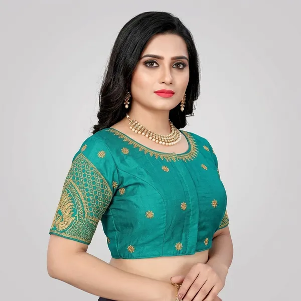 Teal_Silk_Round_Neck_Embroidered_Blouse_For_Women