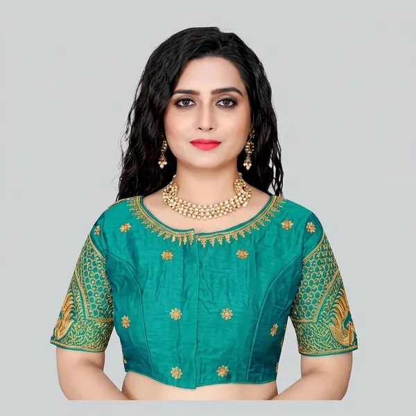 Teal_Silk_Round_Neck_Embroidered_Blouse_For_Women