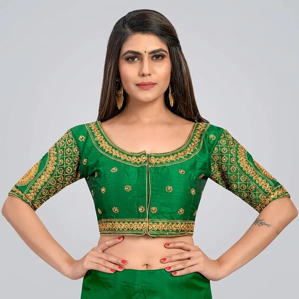 Green_Silk_Padded_Front_Open_Embroidered_Blouse_For_Women