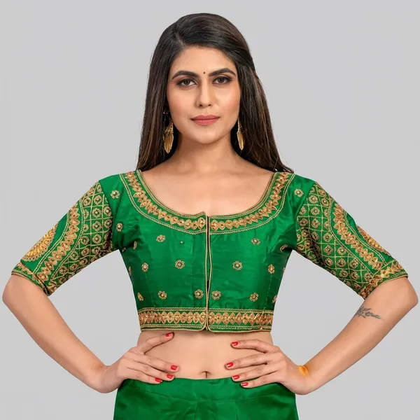 Green_Silk_Padded_Front_Open_Embroidered_Blouse_For_Women