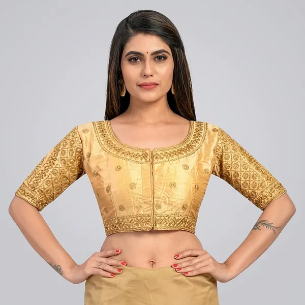 Gold_Silk_Padded_Round_Neck_Blouse_For_Women