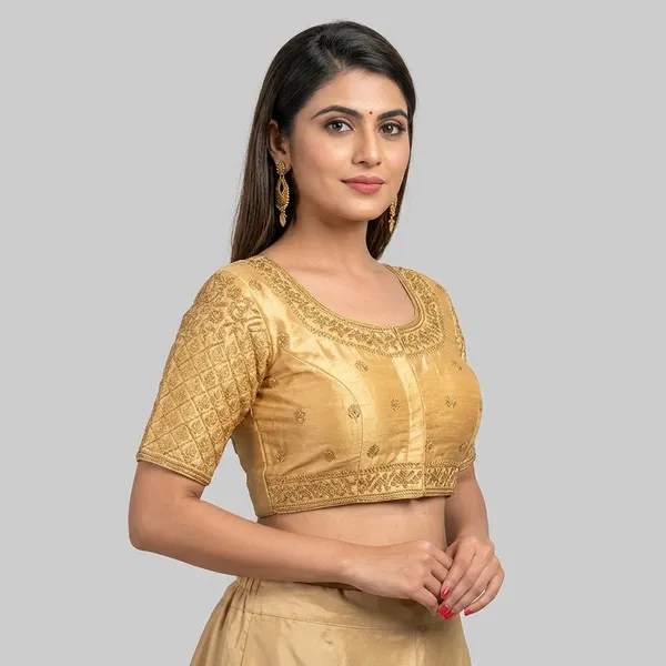Gold_Silk_Padded_Round_Neck_Blouse_For_Women