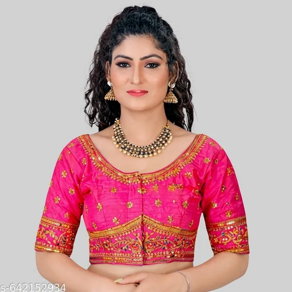 Pink_Silk_Embroidered_Round_Neck_Padded_Blouse_For_Women