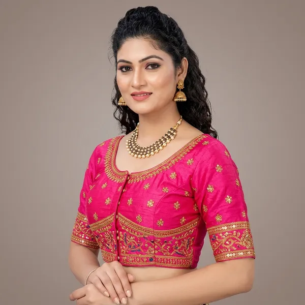 Pink_Silk_Embroidered_Round_Neck_Padded_Blouse_For_Women