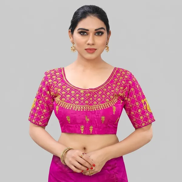 Pink_Silk_Short_Sleeve_Round_Neck_Blouse_For_Women