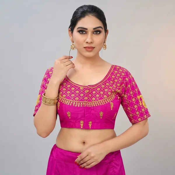 Pink_Silk_Short_Sleeve_Round_Neck_Blouse_For_Women