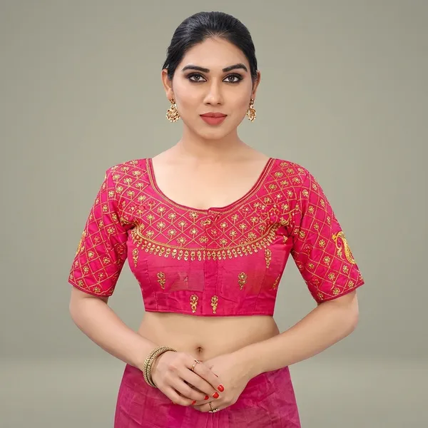 Pink_Silk_Embroidered_Round_Neck_Blouse_For_Women
