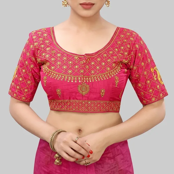 Pink_Silk_Embroidered_Round_Neck_Blouse_For_Women