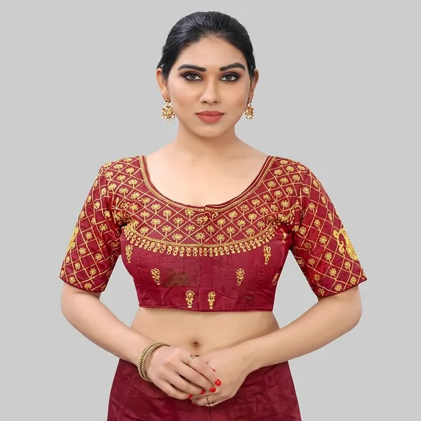 Maroon_Silk_Embroidered_Padded_Blouse_For_Women