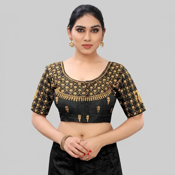 Black_Silk_Embroidered_Round_Neck_Padded_Blouse_For_Women