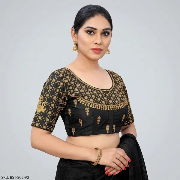 Black_Silk_Embroidered_Round_Neck_Padded_Blouse_For_Women